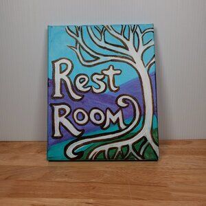 Handmade Painted Rest Room Canvas Scenic Sign 10"x 8"x 1" Purple Blue Green